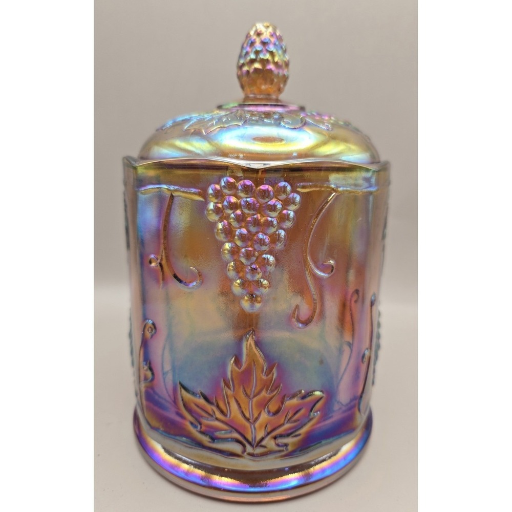 Vintage Indiana Glass Amber Gold Iridescent 'Harvest Grape' Canister(#18)